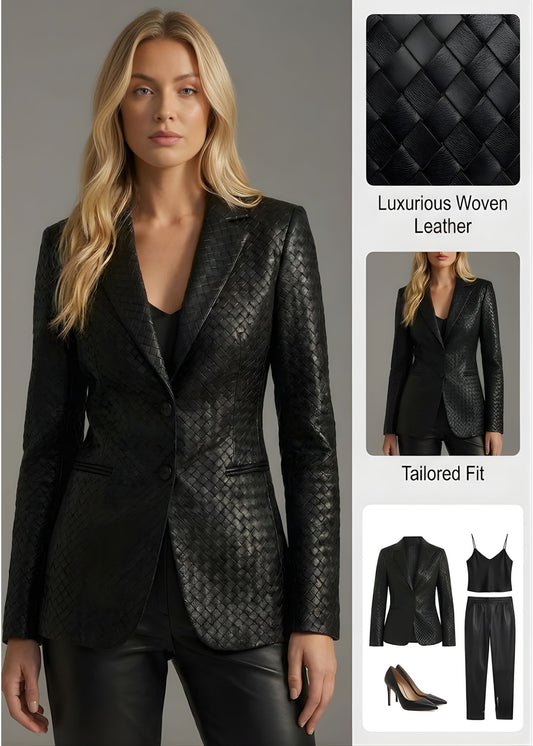 Ceylan Women’s Woven Leather Blazer with Slim Fit Tailoring