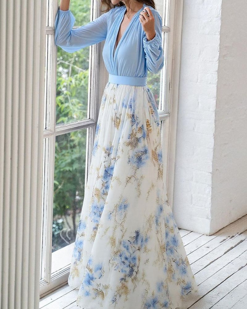 Women’s V-Neck Pleated Maxi Dress with Chiffon Bishop Sleeves and Floral Skirt