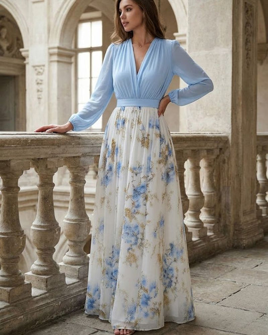 Women’s V-Neck Pleated Maxi Dress with Chiffon Bishop Sleeves and Floral Skirt