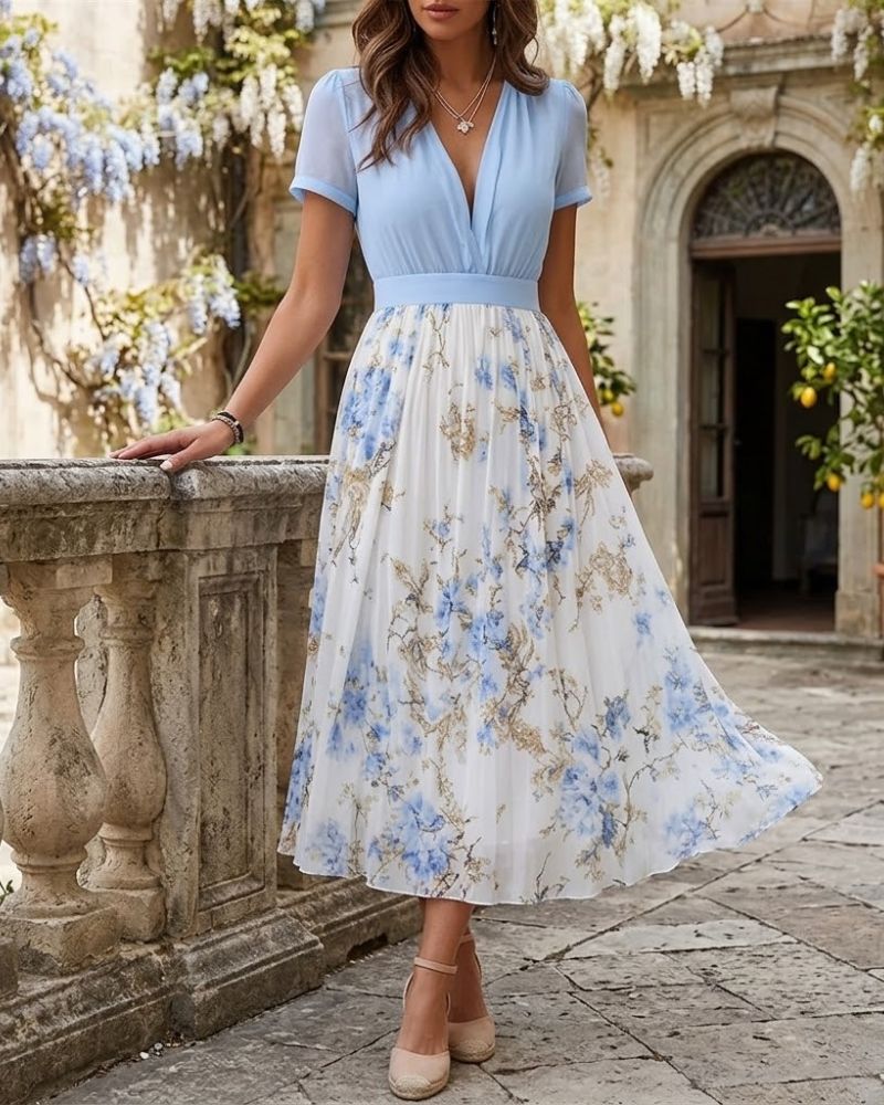 Women’s V-Neck Pleated Maxi Dress with Chiffon Bishop Sleeves and Floral Skirt