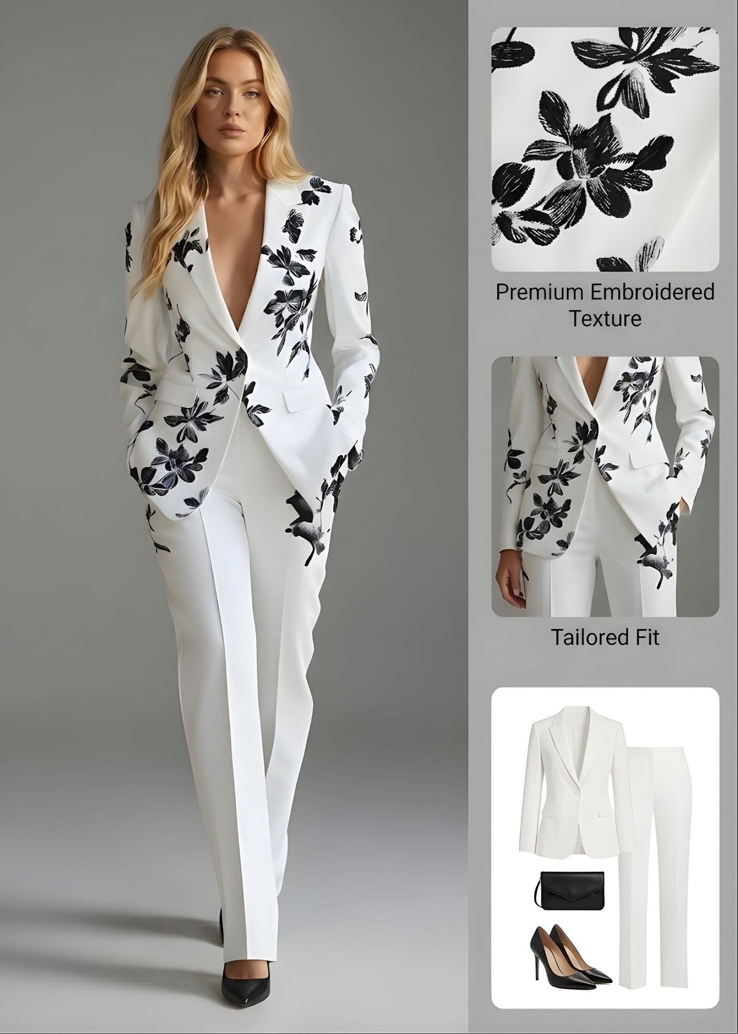 Ceylan Women’s Floral Pant Suit with Tailored Single-Button Blazer