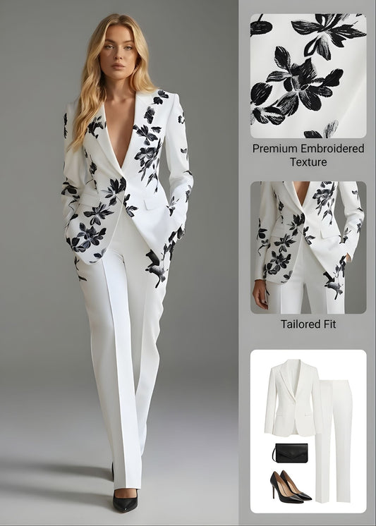 Ceylan Women’s Floral Pant Suit with Tailored Single-Button Blazer