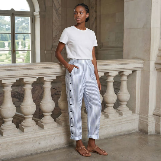 Women's Wide Leg Striped Linen Blend Pants with Side Button Detail