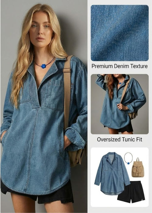 Ceylan Women’s Denim Pullover Blouse Pleated V-Neck Tunic