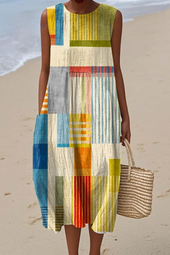 Women’s Midi Dress with Geometric Block Print and Functional Side Pockets