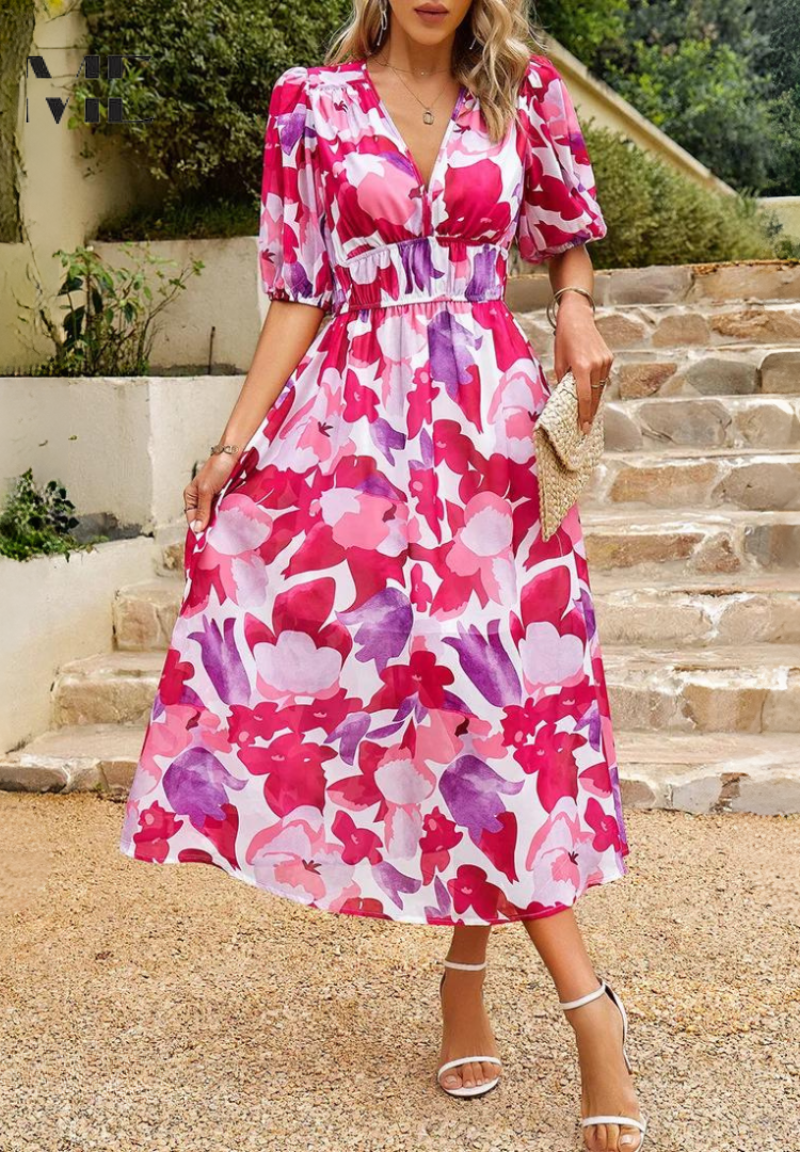 Women’s Maxi Dress with Smocked Waist and V-Neck Floral Print
