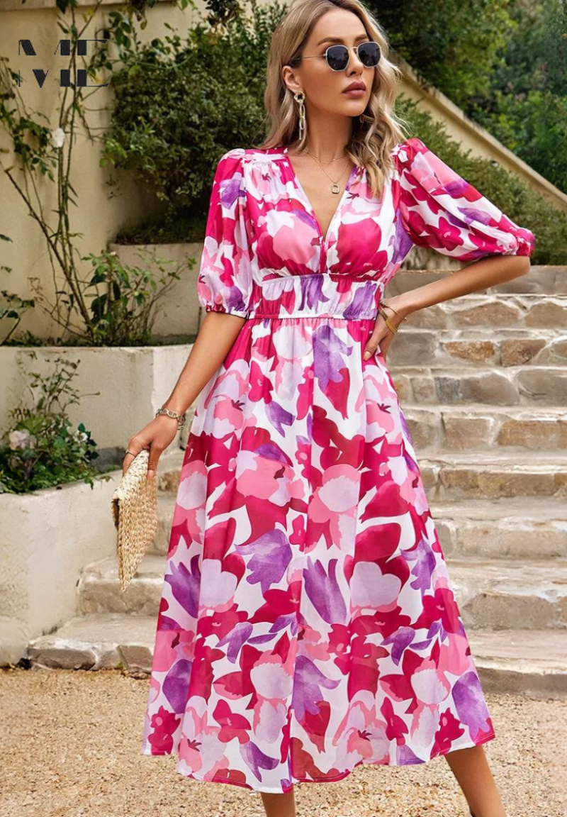 Women’s Maxi Dress with Smocked Waist and V-Neck Floral Print