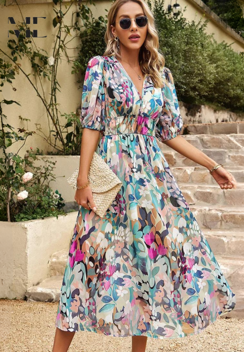Women’s Maxi Dress with Smocked Waist and V-Neck Floral Print