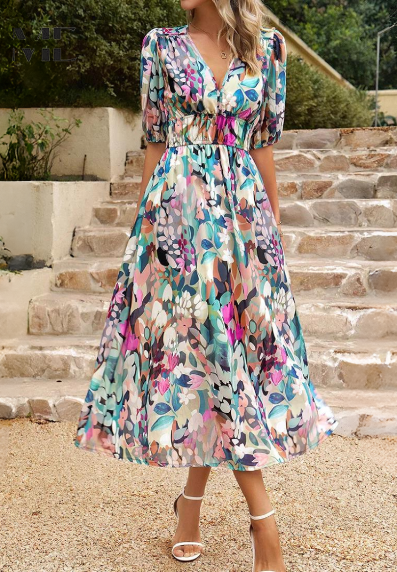 Women’s Maxi Dress with Smocked Waist and V-Neck Floral Print