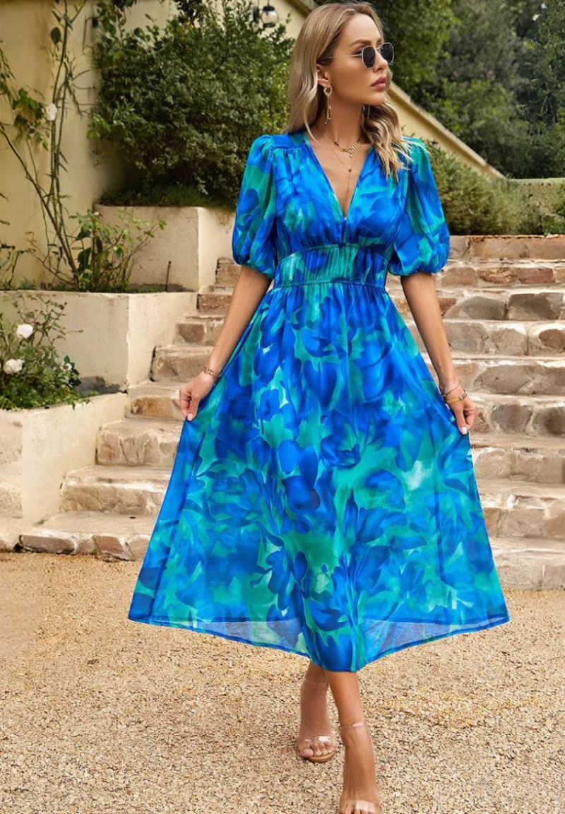 Women’s Maxi Dress with Smocked Waist and V-Neck Floral Print