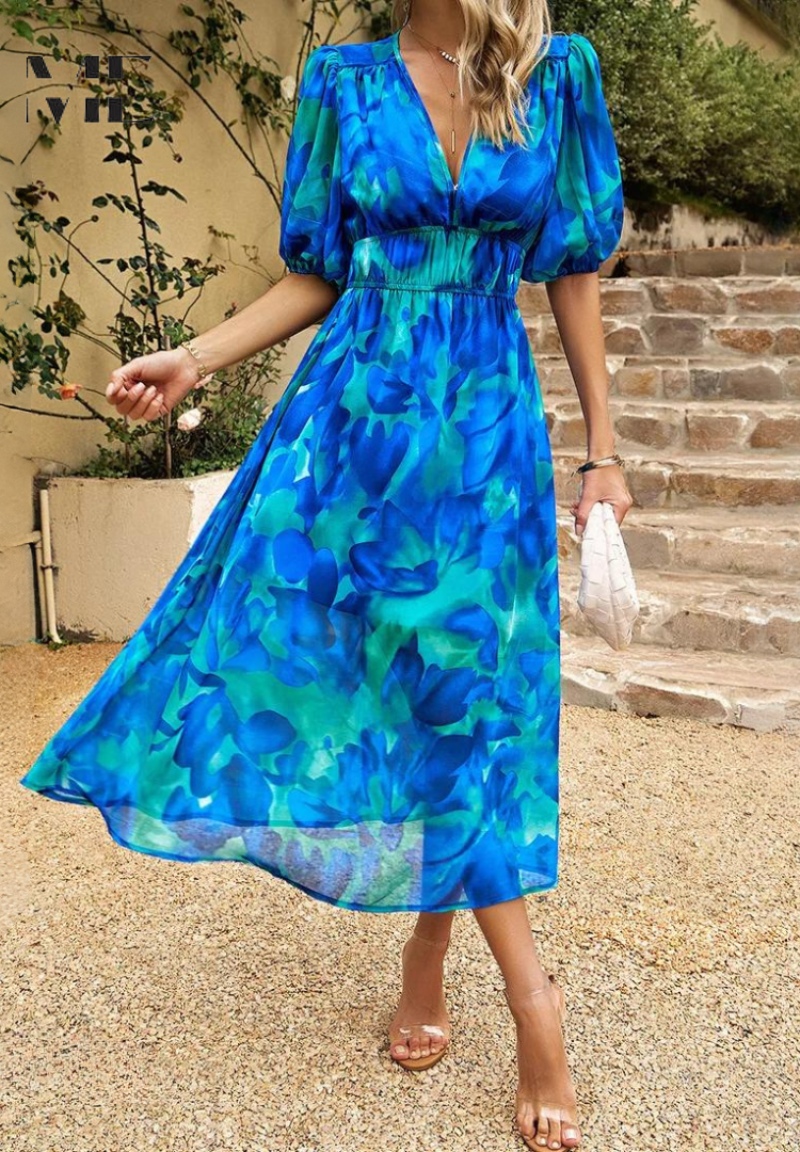 Women’s Maxi Dress with Smocked Waist and V-Neck Floral Print