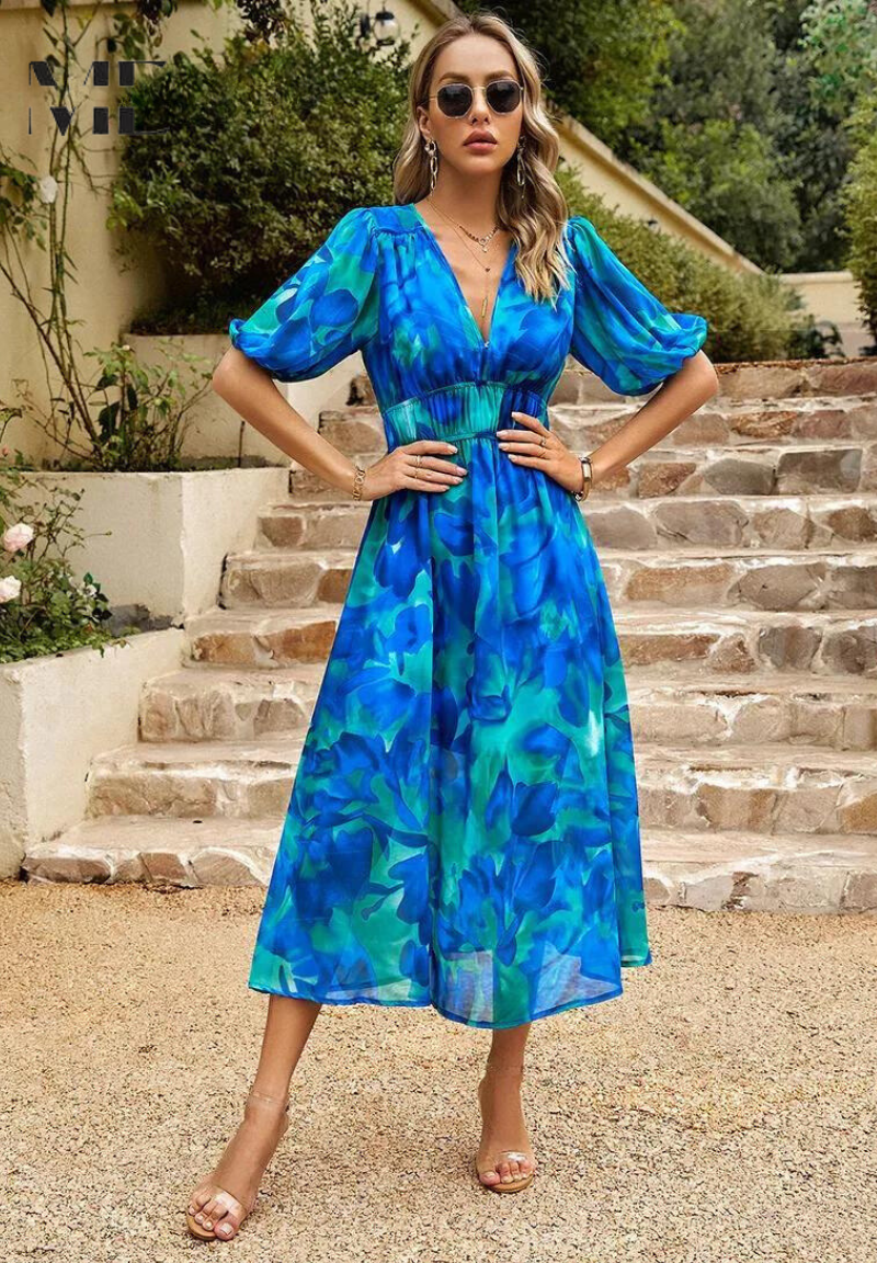 Women’s Maxi Dress with Smocked Waist and V-Neck Floral Print