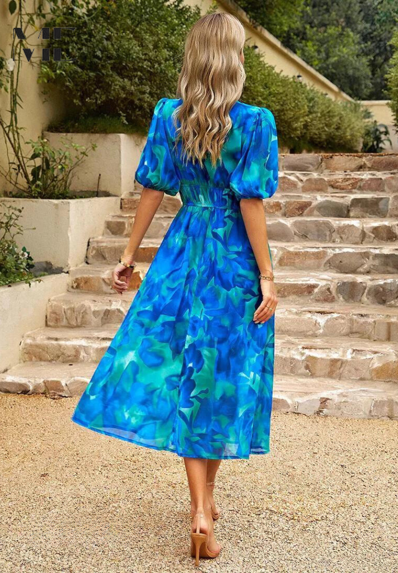Women’s Maxi Dress with Smocked Waist and V-Neck Floral Print
