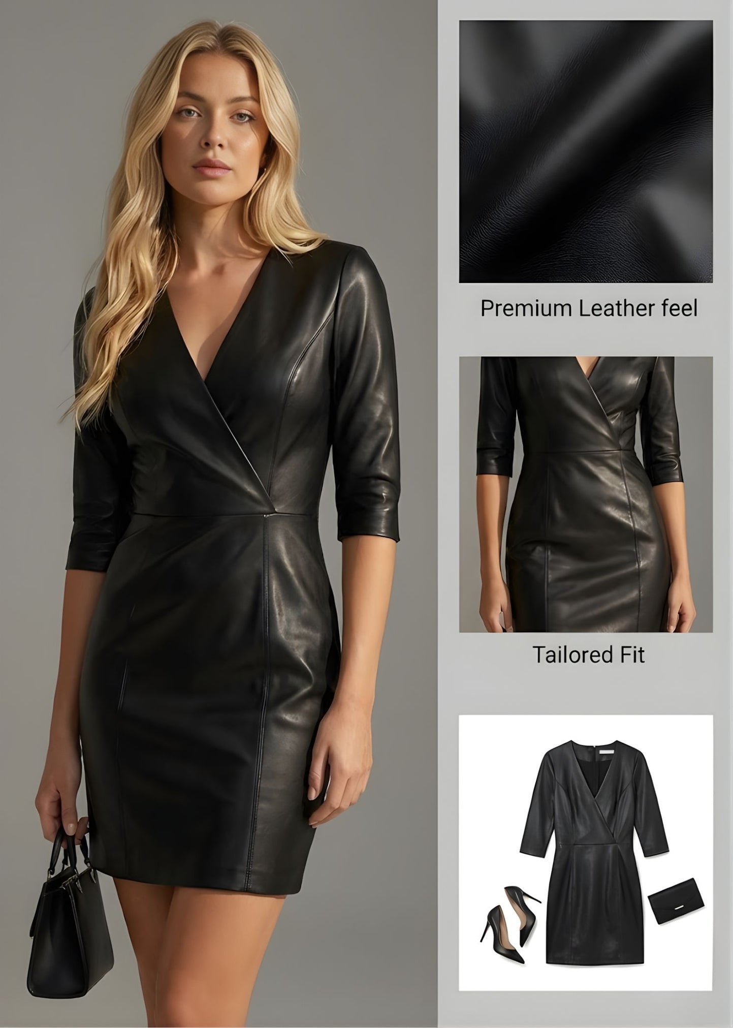 Ceylan Women’s Faux Leather Wrap Mini Dress with V-Neck Silhouette