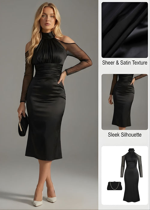 Ceylan Women’s Cold Shoulder Satin Dress with Mesh Halter Neck