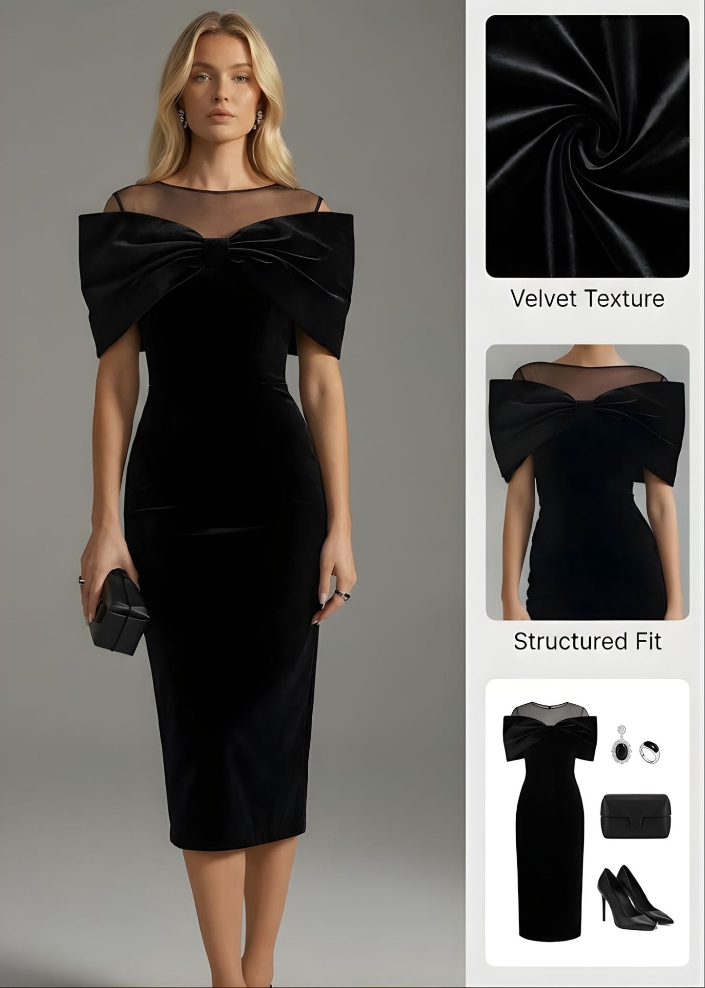 Ceylan Women's Velvet Midi Dress Dramatic Bow Neckline