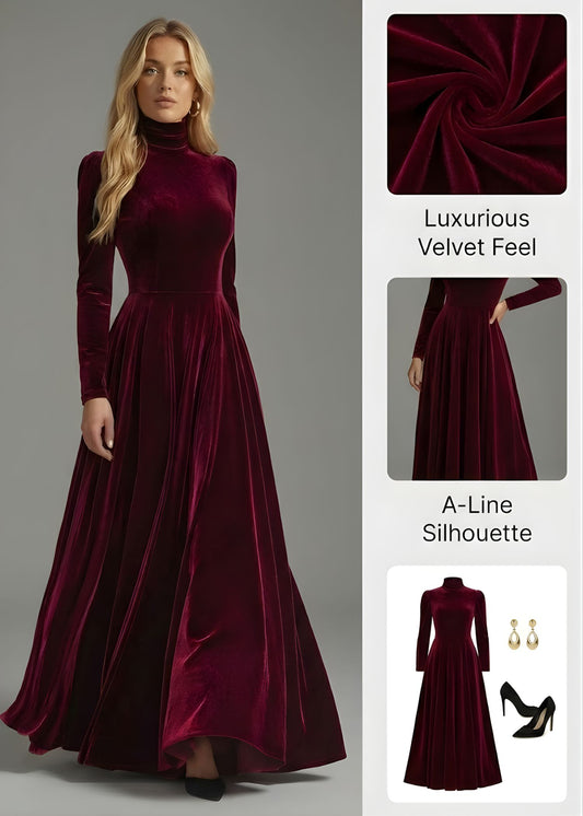 Ceylan Women’s High Neck Velvet Maxi Dress with Structured Shoulders