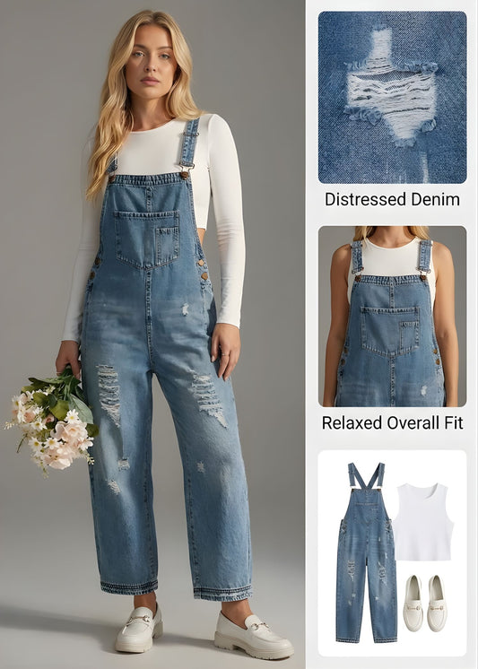 Ceylan Women’s Distressed Denim Overalls with Loose Fit Wide Leg