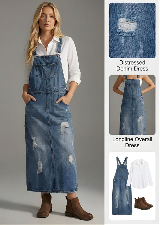 Ceylan Women’s Distressed Denim Overall Dress with Adjustable Straps