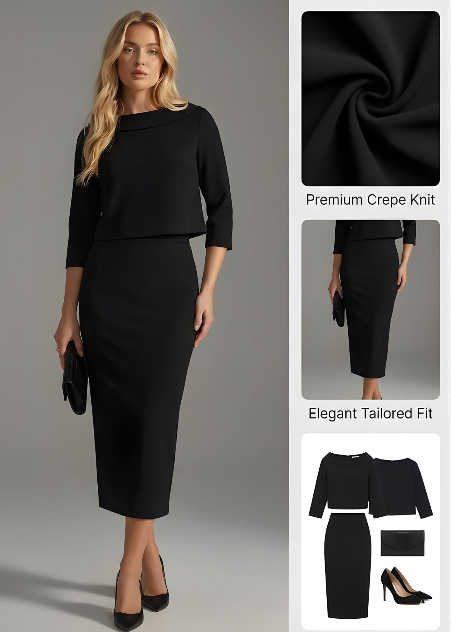 Ceylan Women’s Boat Neck Midi Skirt Set with Elegant 3/4 Sleeves