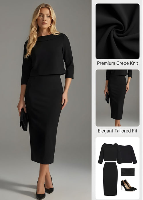 Ceylan Women’s Boat Neck Midi Skirt Set with Elegant 3/4 Sleeves