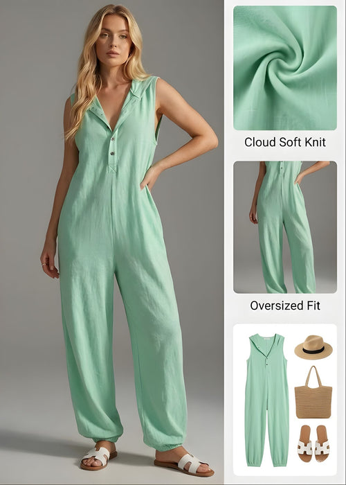 Ceylan Women’s Sleeveless Hooded Jumpsuit with Half Button Front