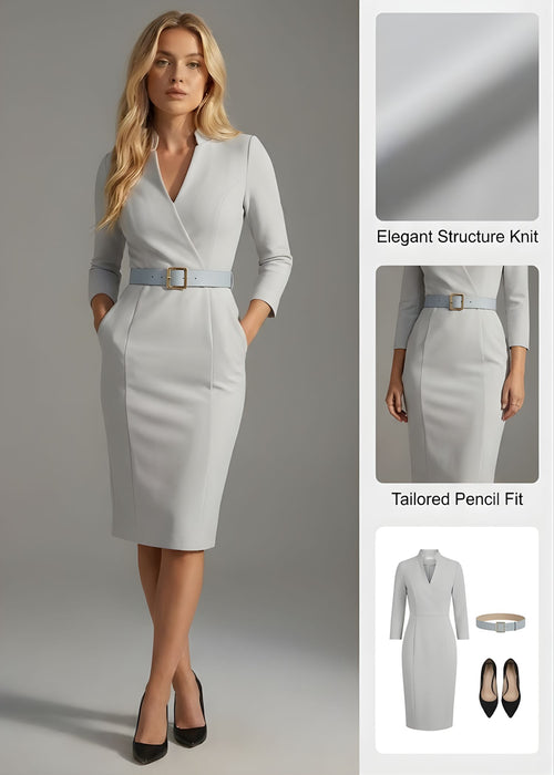 Ceylan Women’s Mandarin Collar Sheath Dress with Gold Buckle Belt