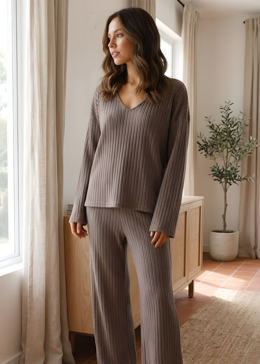 Ceylan Women’s Ribbed Knit Lounge Set V-Neck Wide Leg Fit