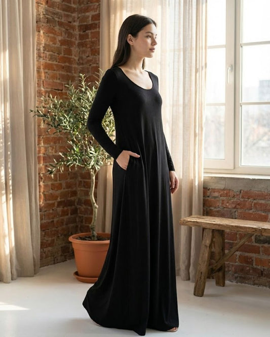 Women’s Long Sleeve Maxi Dress with Hidden Side Pockets