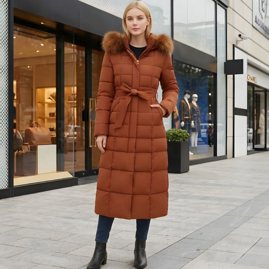 Women's Quilted Hooded Maxi Puffer Coat with Faux Fur Trim and Adjustable Waist Belt