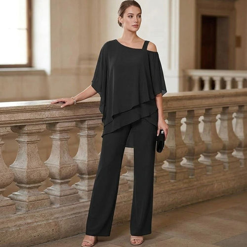 Women's Cold Shoulder Jumpsuit with Asymmetric Layered Wide Leg Silhouette