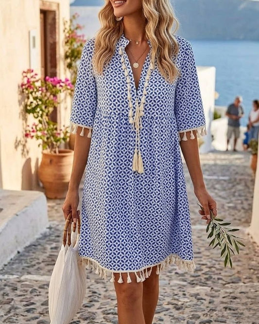 Women’s Boho Mini Tunic Dress with Tassel Fringe Hem and Geometric Diamond Print