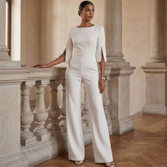 Women’s Tailored Wide Leg Jumpsuit with Pearl Embellished Split Sleeves