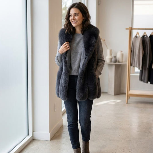Women’s Faux Fur Vest with Thigh-Length Hem and Relaxed Open Front