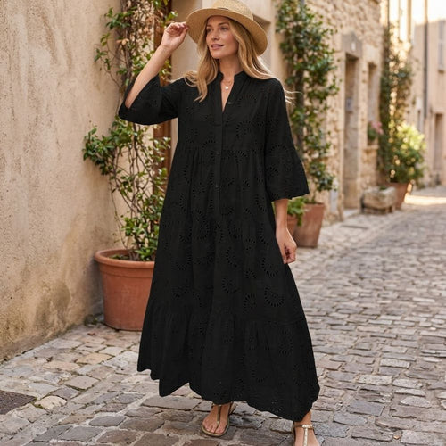 Women’s Maxi Dress Eyelet Embroidery Tiered Smock Kaftan Gown
