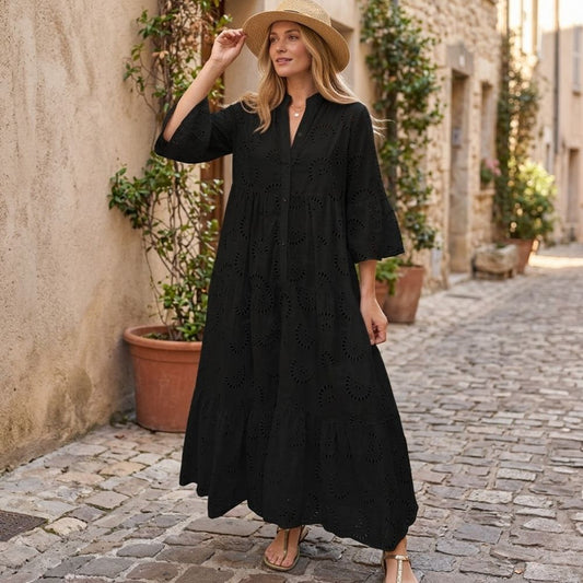 Women’s Maxi Dress Eyelet Embroidery Tiered Smock Kaftan Gown