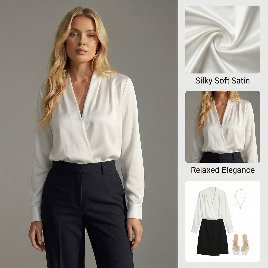 Ceylan Women's Satin V-Neck Blouse Pleated Long Sleeve