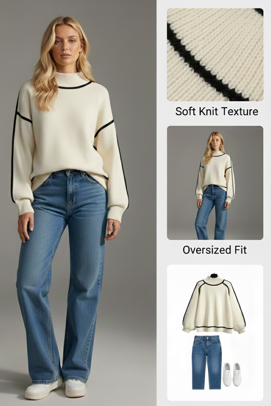 Ceylan Women's Turtleneck Sweater with Contrast Piping