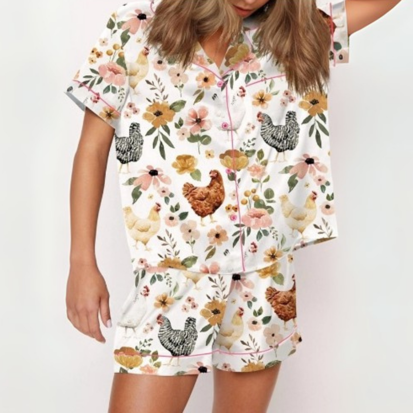 Ceylan Women's Pajama Set: Whimsical Floral Chicken Print