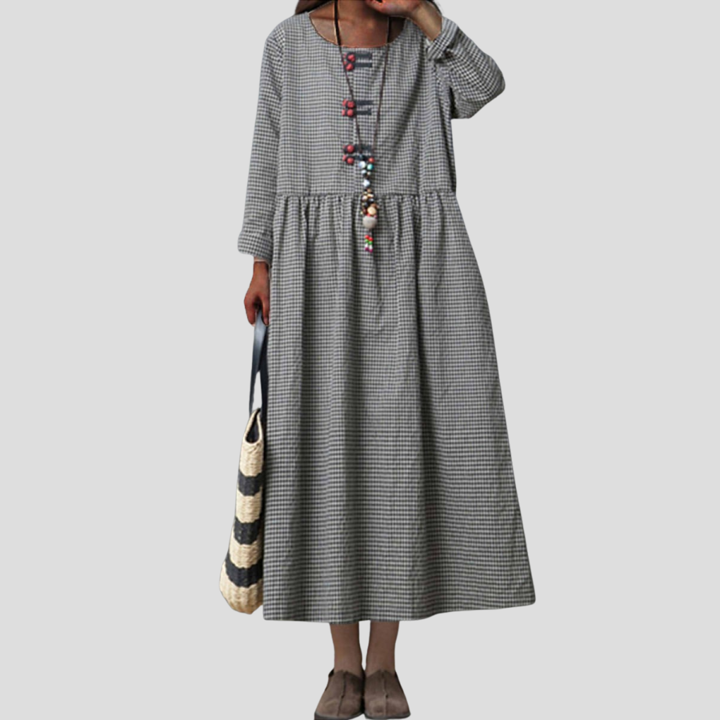Women's Checked Maxi Dress Long Sleeve High Waist with Swing Skirt