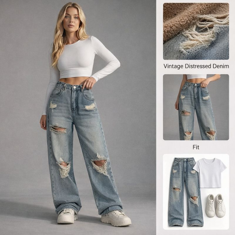 Ceylan Women’s Ripped Wide Leg Jeans Distressed Denim