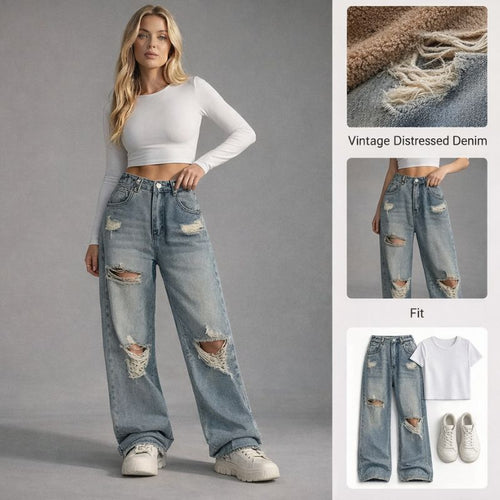 Ceylan Women’s Ripped Wide Leg Jeans Distressed Denim