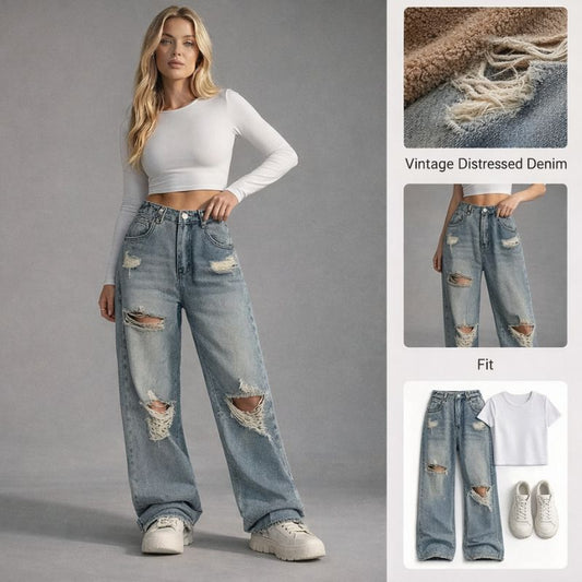 Ceylan Women’s Ripped Wide Leg Jeans Distressed Denim