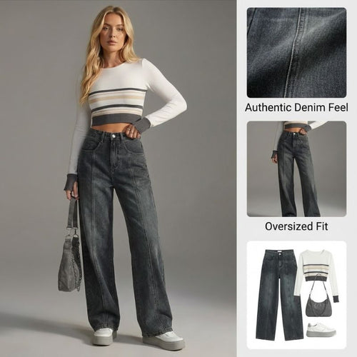 Ceylan Women’s High Waisted Straight Leg Jeans Front Seam