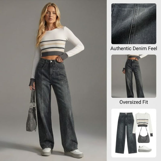 Ceylan Women’s High Waisted Straight Leg Jeans Front Seam