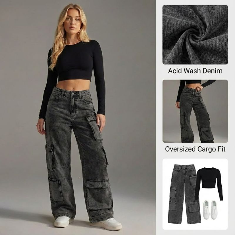 Ceylan Women's Acid Wash Cargo Jeans Baggy Streetwear