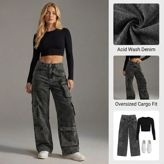 Ceylan Women's Acid Wash Cargo Jeans Baggy Streetwear