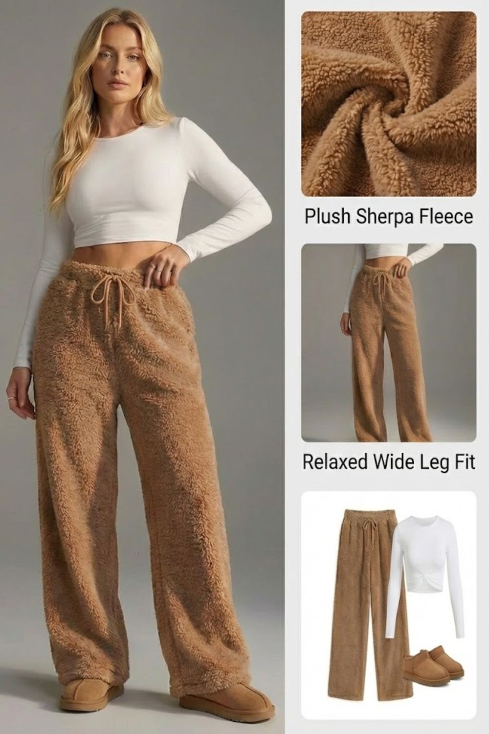 Ceylan Women's Sherpa Fleece Wide Leg Pants Cozy Lounge