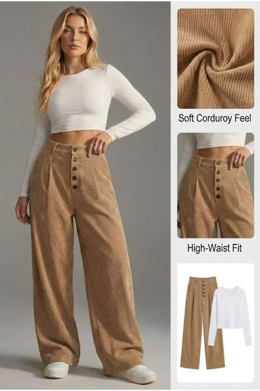 Ceylan Women's Corduroy Wide Leg Trousers High Waist Fit