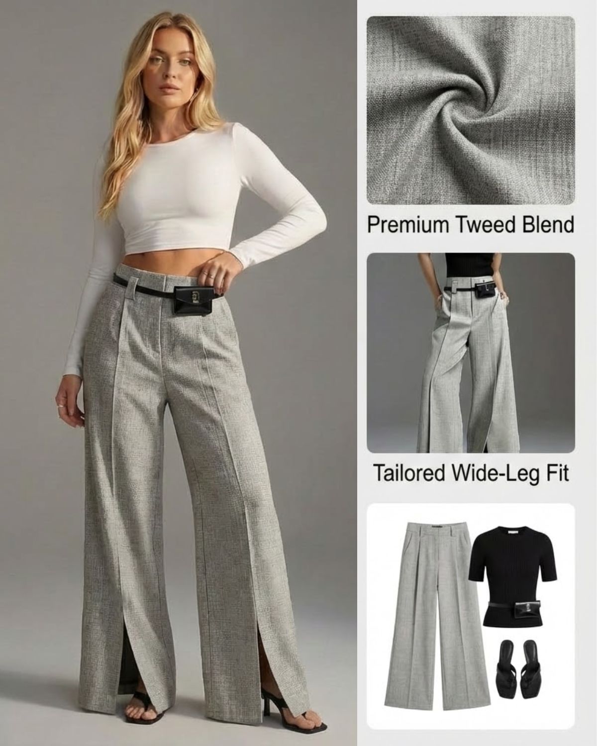 Ceylan Women's Pleated Wide Leg Trousers Split Hem Detail